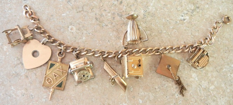 VINTAGE GOLD FILLED CHARM BRACELET 9 CHARMS SAFE TELEPHONE TYPEWRITER GRADUATE