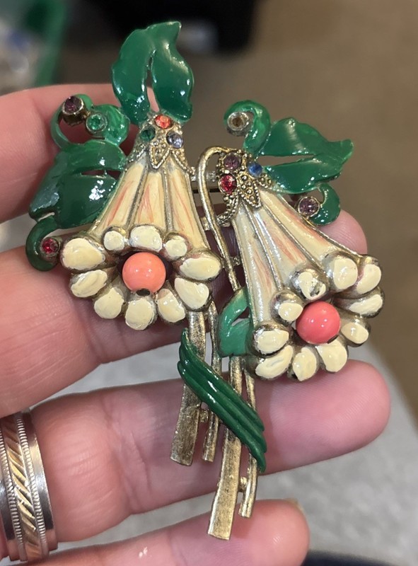 Vintage Deco Era Pot Metal Double Hanging Bell Floral Brooch Rhinestone 1930s