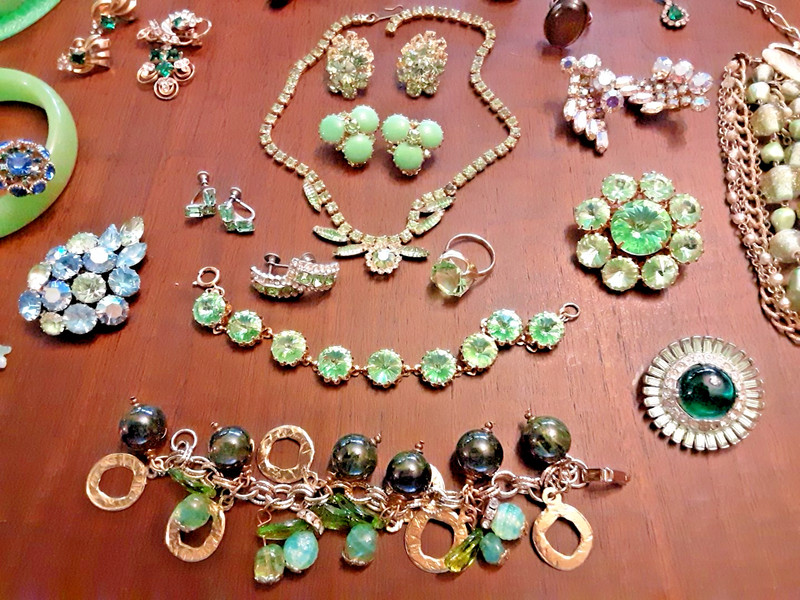 Vtg Green Uranium Glass Rhinestones Costume Mixed Jewelry lot with Bakelite.