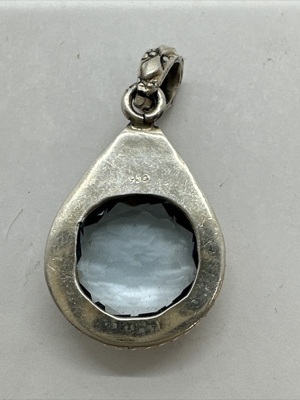 Sterling Silver - Large Faceted Round Synthetic Light Blue Topaz Pendant 5.5gram gallery