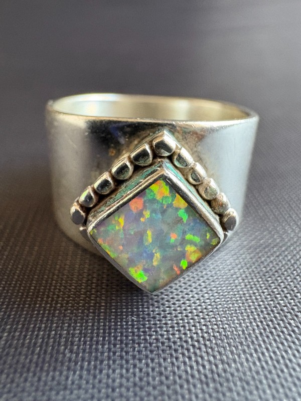 Vintage Carol Felley 925 Sterling Silver Opal Ring Wide Band 1995 Size 8 US