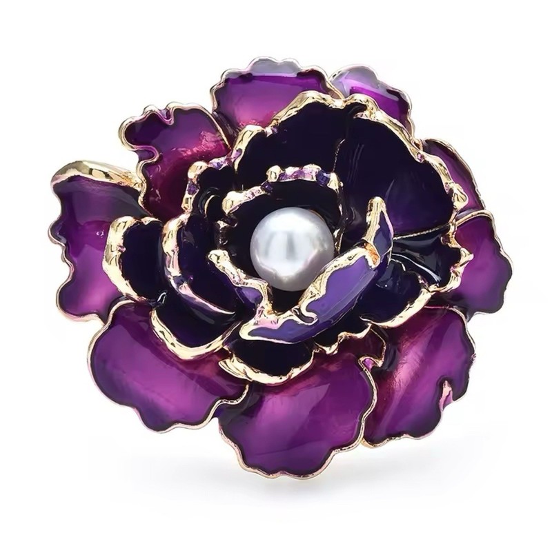 Peony Flower Brooches Necklace Women Purple Gold Enamel Pearl Plants Jewelry NEW