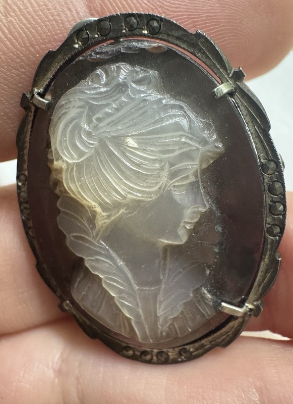 Vintage 800 Silver Mother of Pearl Abalone Shell Cameo Brooch Pendant Deco Era gallery