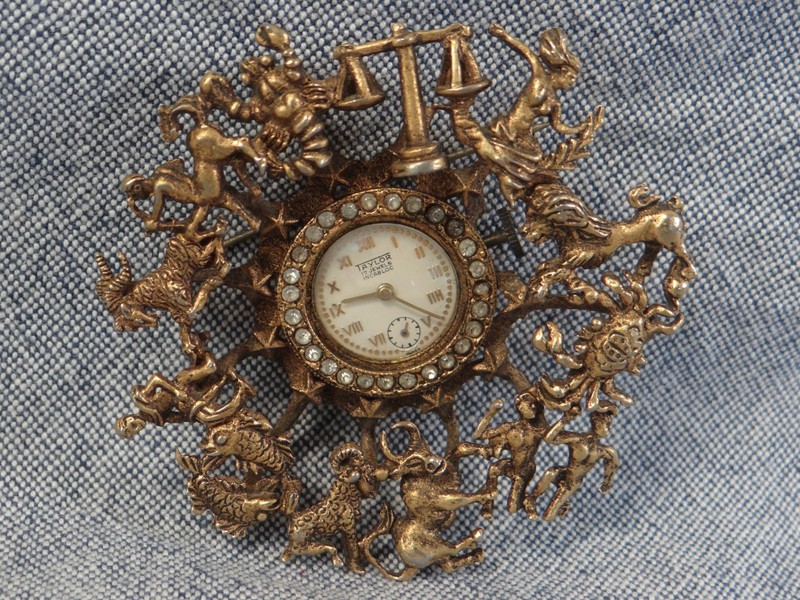 TAYLOR VINTAGE ZODIAC STERLING SILVER GILT VERMEIL 17J WATCH PIN BROOCH WORKING gallery