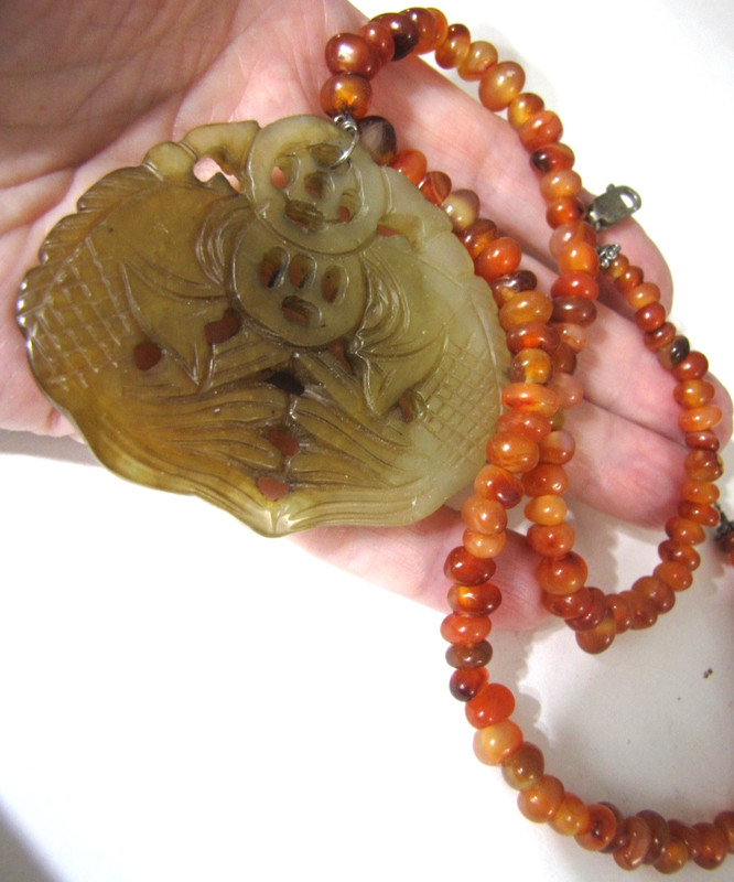 Carnelian Artisan Necklace Jadeite Double Koi Fish Pendant Sterling Silver Clasp