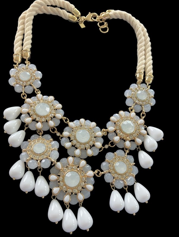 Banana Republic Statement Necklace Faux Diamonds And Pearls White Cotton Rope
