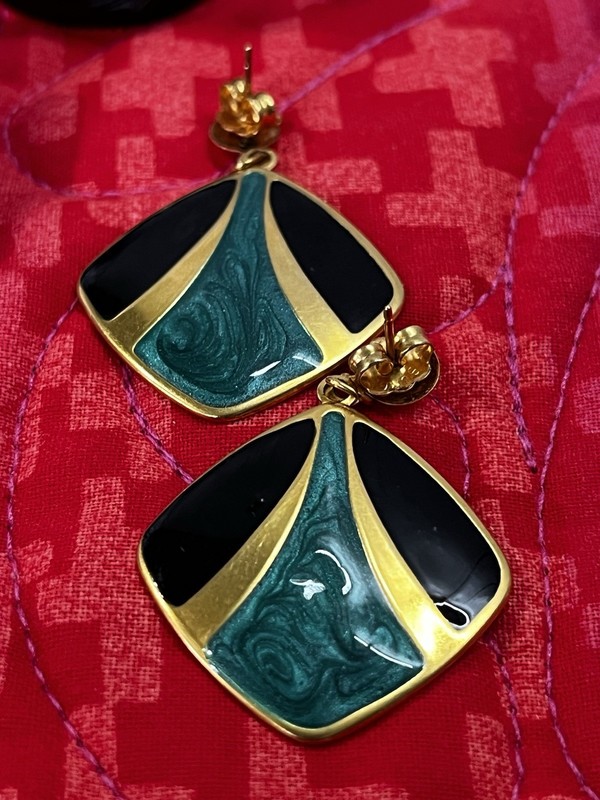 Mixed Lot Green Blue Earrings 3 Pairs Hoop/Geometric Dangle/Stud Gold gallery