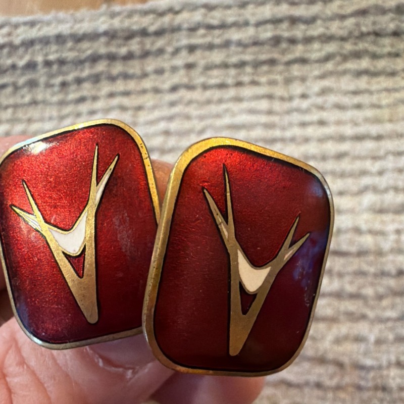 Vintage Red Enamel Brass Bullet Back Square Cufflinks Gold Tone