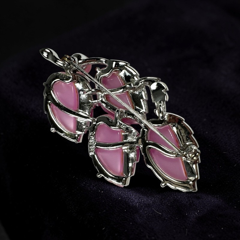 Vtg LISNER PINK LEAF BROOCH Moonglow Lucite Thermoset ENAMEL Faux Pearl 2 5/8 gallery