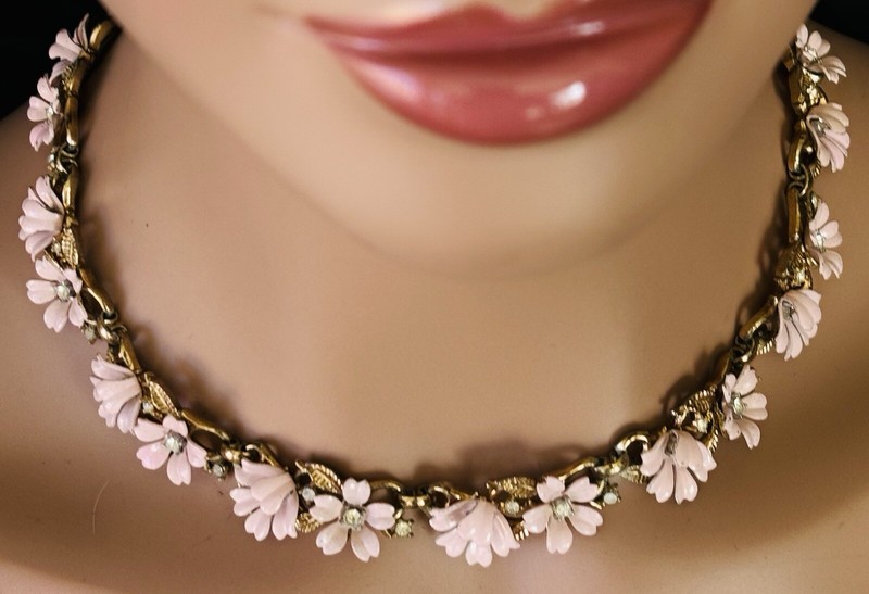 MCM Trifari Fleurette Pink Enamel Necklace Tiny Icy Rhinestones Gold Tone Links gallery