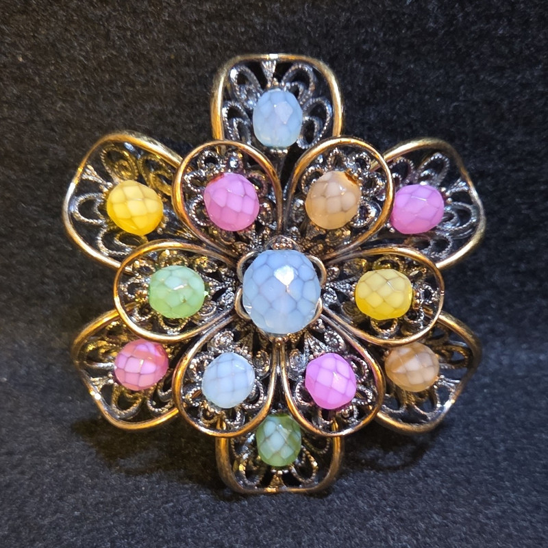 Vintage Multicolor Flower Cluster Brooch Pin with 12 Round Stones, 2 3/4 in