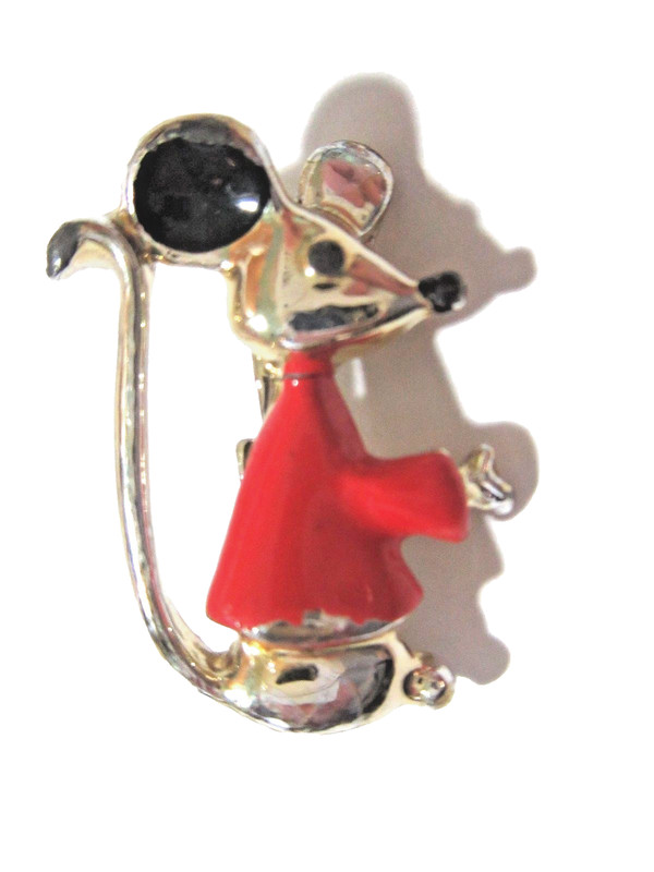 CUTE MINIATURE MOUSE PIN RED BLACK ENAMEL FIGURAL