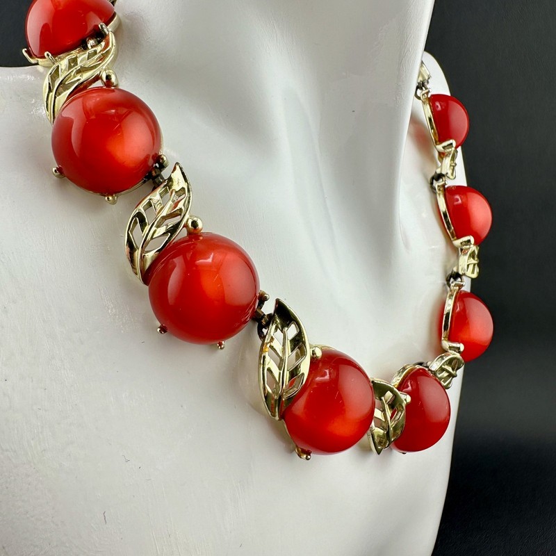 Vintage Moonglow Thermoset Necklace Bracelet Set Cherry Red Gold Tone Leaves gallery