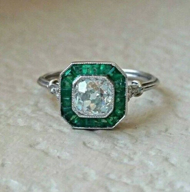 1.25Ct Art Deco Style Asscher Cut & Emerald Engagement Ring in Sterling Silver