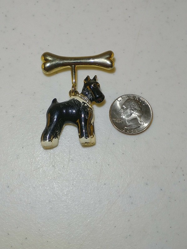 Vintage NOS Gold Tone Black/White Enamel Scotty Like Dog Bone Dangle Pin Brooch gallery
