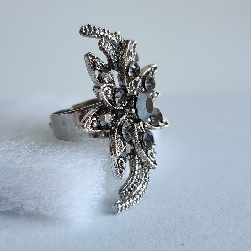 Adjustable Silver Tone Floral Rhinestone Statement Ring Smoky Crystal gallery