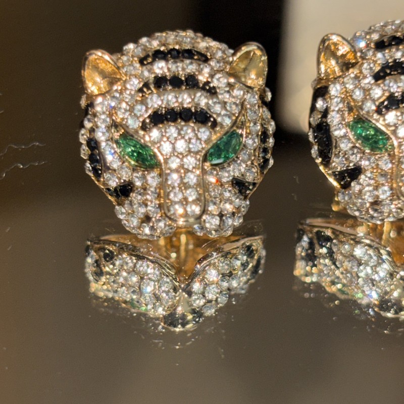 Gold Tone Tiger’s Head Earrings Black & White Rhinestone Green Eyes gallery