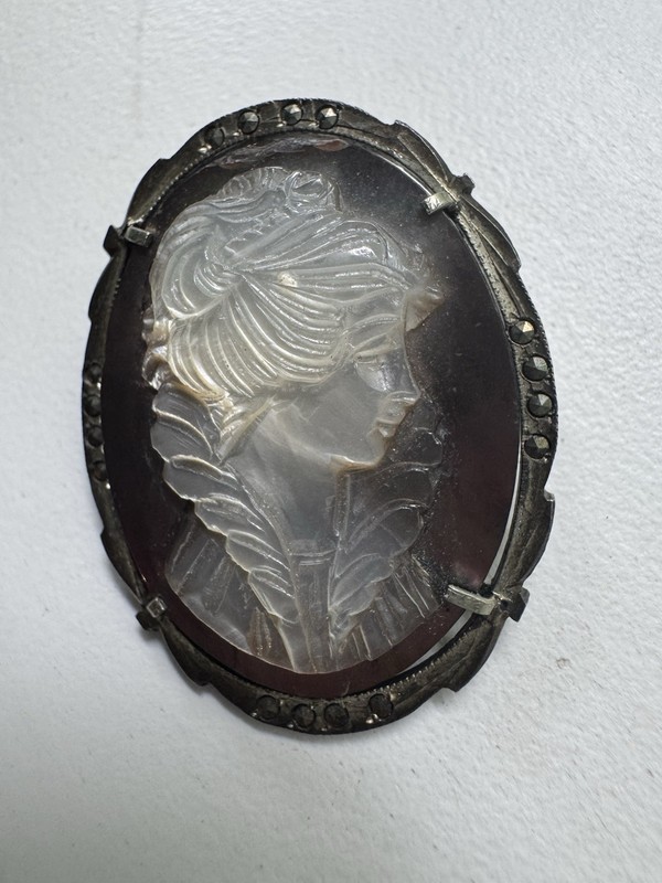 Vintage 800 Silver Mother of Pearl Abalone Shell Cameo Brooch Pendant Deco Era gallery
