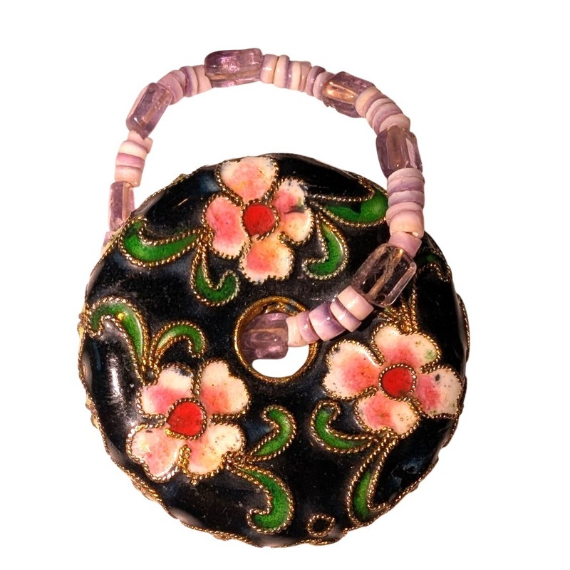 VTG Cloisonne Floral Round Donut Shaped Pendant Black Pink Green Beaded Bale gallery
