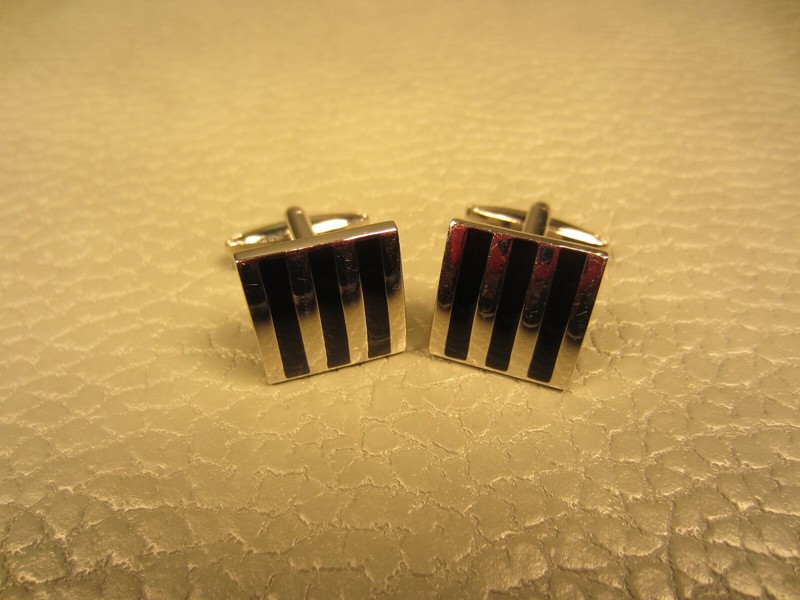 Classic Striped Black Enamel White Gold Plated Cuff Links (Silver Tone) gallery