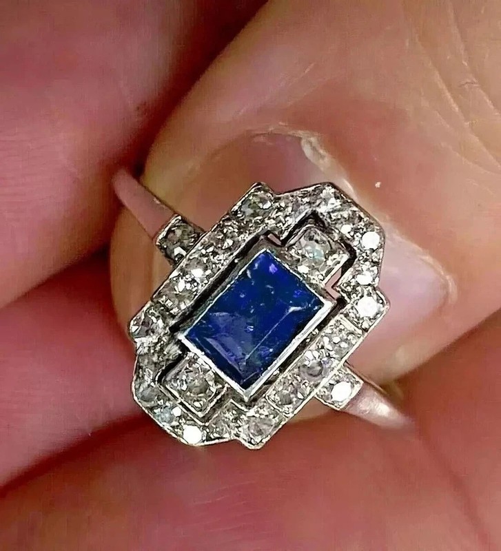 Antique 2Ct Blue and White Stones Art Deco Engagement Ring in Sterling Silver gallery
