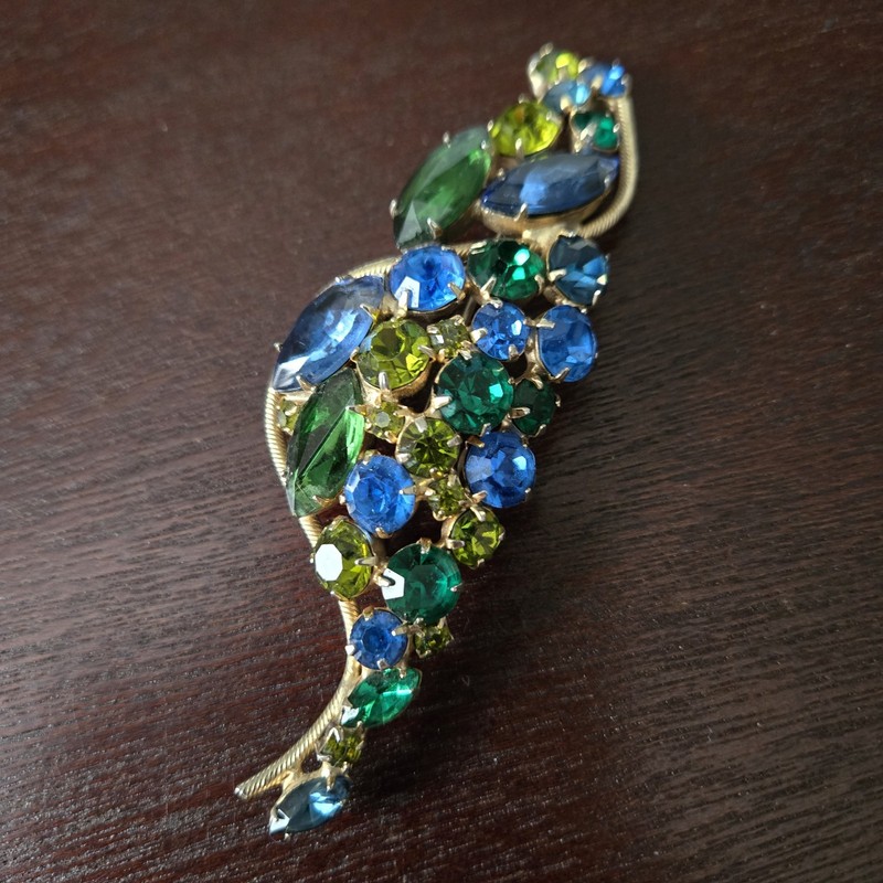 Vintage Blue Green Rhinestone Leaf Brooch Gold Tone Large 3.5" Statement Pin gallery
