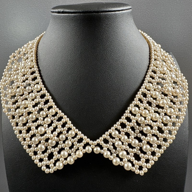 Vintage Beaded Necklace Bib Collar Choker Cream 13″
