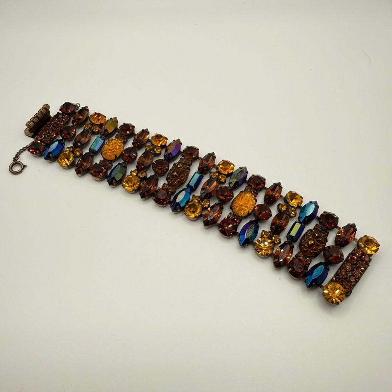 Kramer of New York Vintage Amber Blue Rhinestone Statement Bracelet Wide