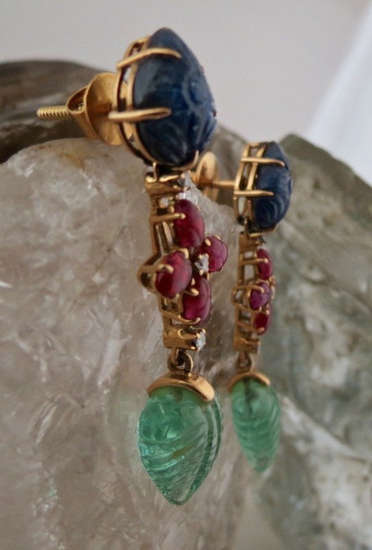Certified Estate Natural Emerald 10ct Ruby Sapphire Carved Diamond 18k Earrings gallery