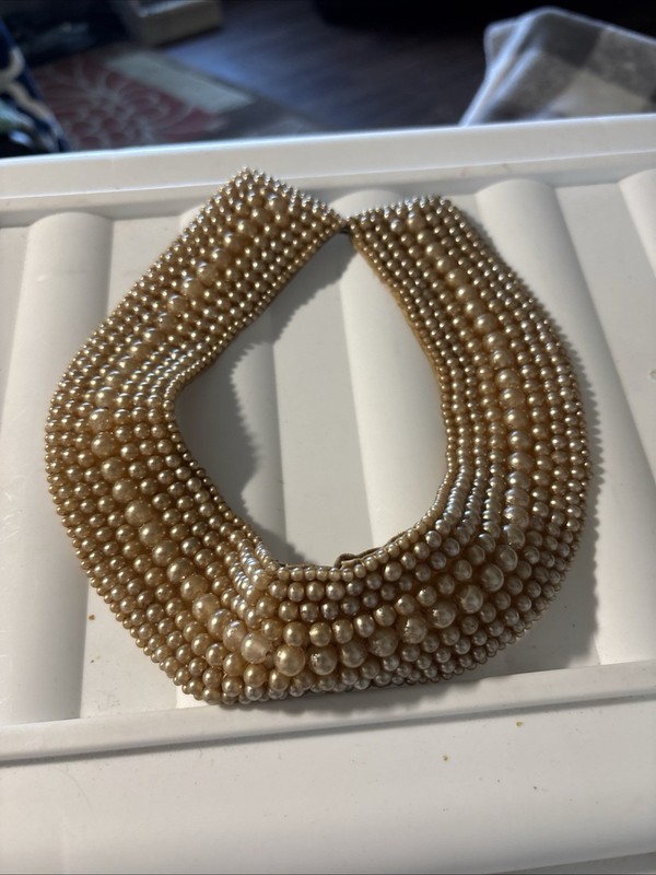 VINTAGE Beaded Ivory Faux Pearl Satin Collar Necklace