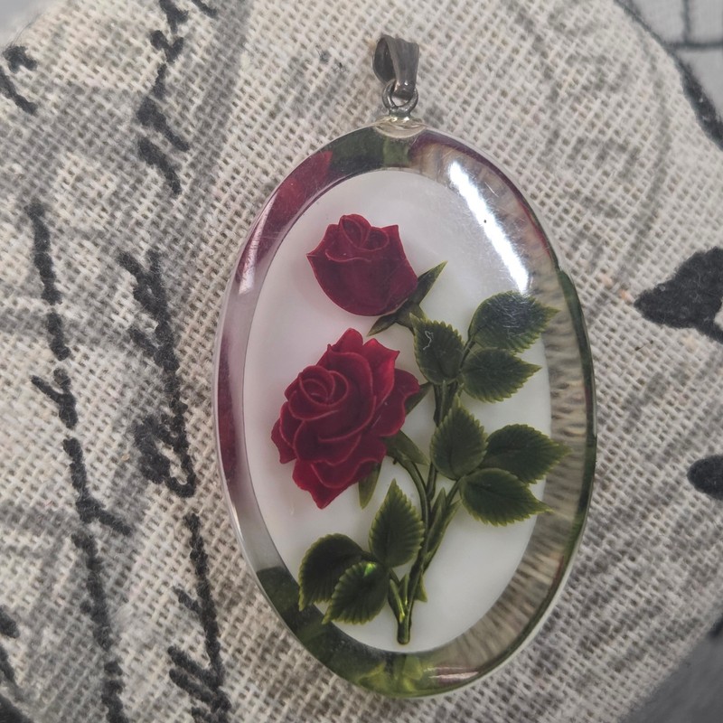 Lucite Red Roses Flower Oval Pendant 2 red roses Charm only