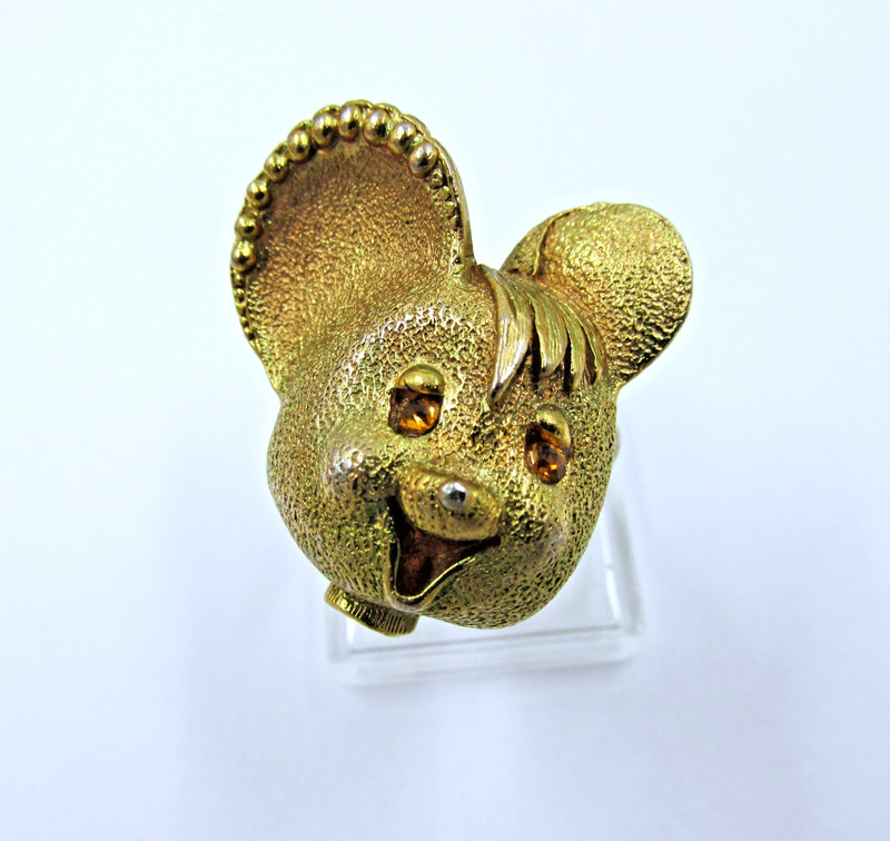 Unique Vintage Cartoon Mouse Ring Brushed Gold Tone Rhinestone Eyes Size 5