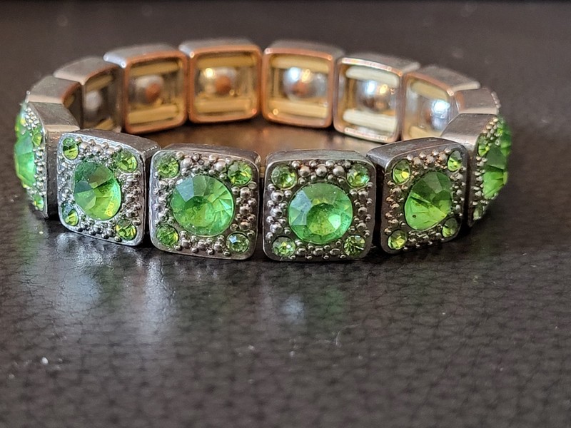 Vintage Silver tone Expandable Bracelet with Green stones. gallery