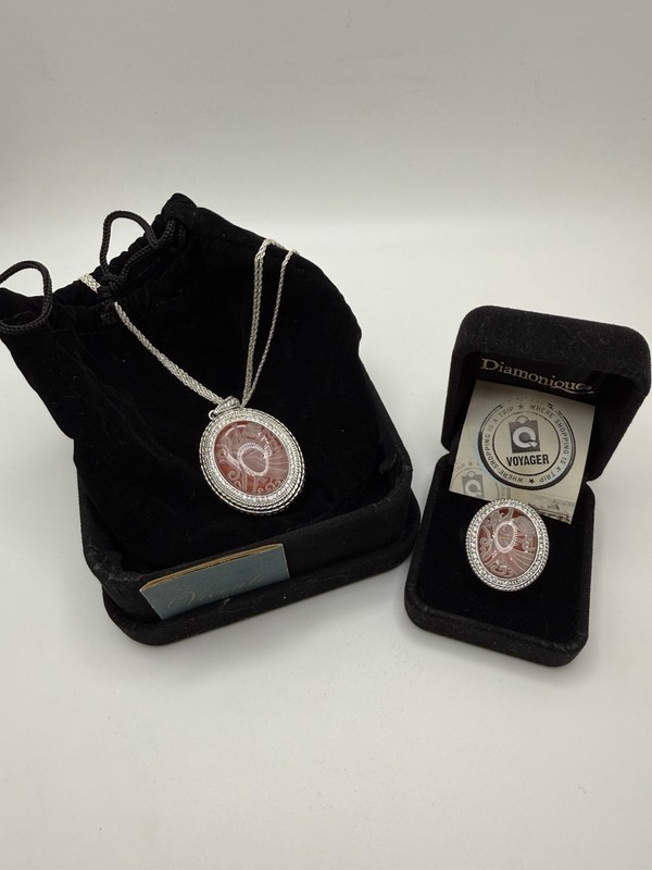 Diamonique Enlightened Sterling Silver Dancing Cameo Ring and Pendant Locket Set