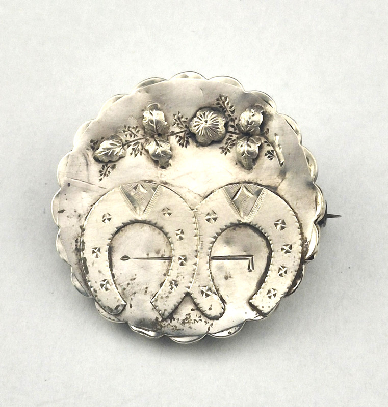 Antique Edwardian Double Horseshoe Cross Flowers Luck Sterling Silver Brooch Pin