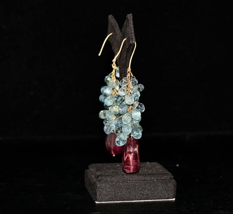 Certified Natural Aquamarine 105ct Rubellite Pink Tourmaline 18k Gold Earrings gallery