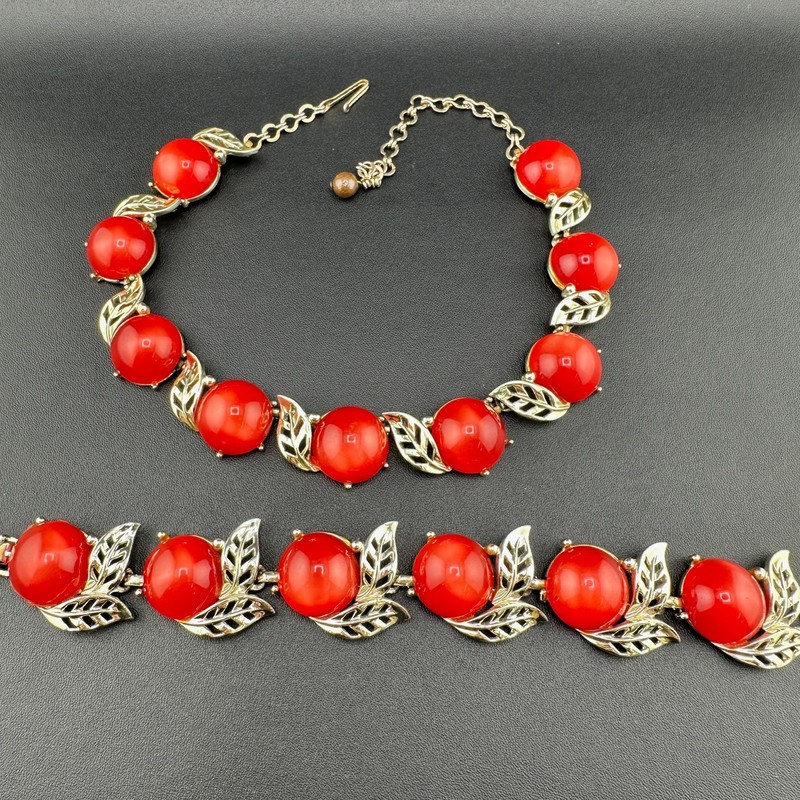 Vintage Moonglow Thermoset Necklace Bracelet Set Cherry Red Gold Tone Leaves gallery