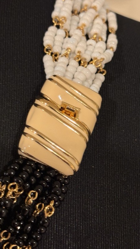 Vintage 10 Strand Black/White/Gold Beaded Chunky Statement Necklace/Cream Clasp gallery