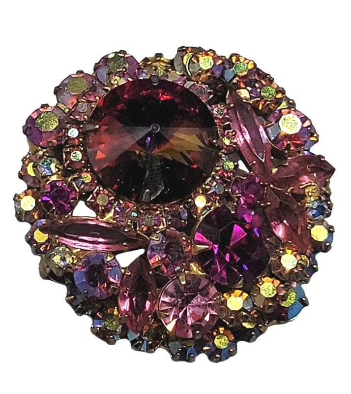 Juliana D&E Vintage Watermelon Rivoli Brooch Layered Pink Fuchsia AB Rhinestones gallery