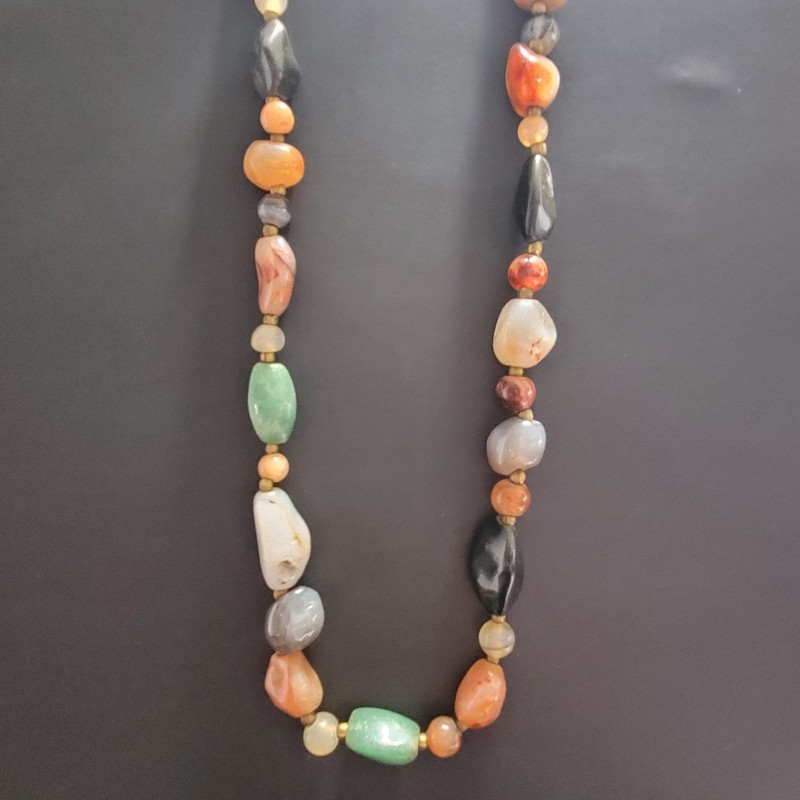1960s High End 36″ Semi-precious Gemstone Tumbled Polished Necklace Brass Barrel