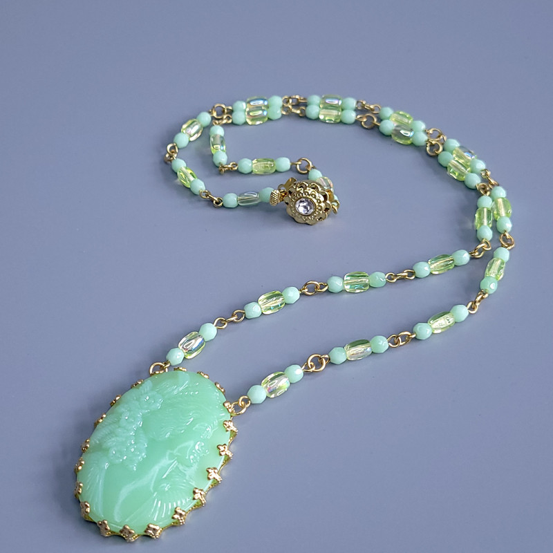 Uranium Glass Necklace 21'' Cameo Pendant Vaseline Green Czech Beads gallery
