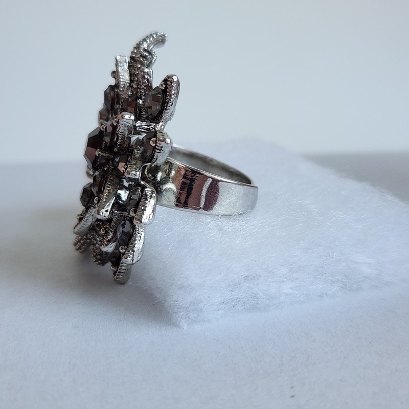 Adjustable Silver Tone Floral Rhinestone Statement Ring Smoky Crystal gallery