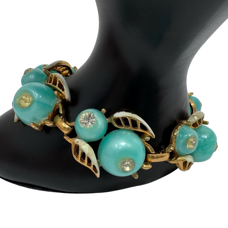 Vtg Gold Tone Turquoise Thermoset Bracelet Embedded Rhinestones Leaves gallery