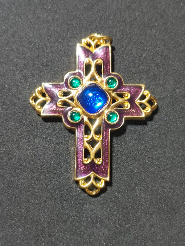 Vintage Avon Cross Brooch Purple Enamel Blue Cabochon Gold Tone Religious Pin