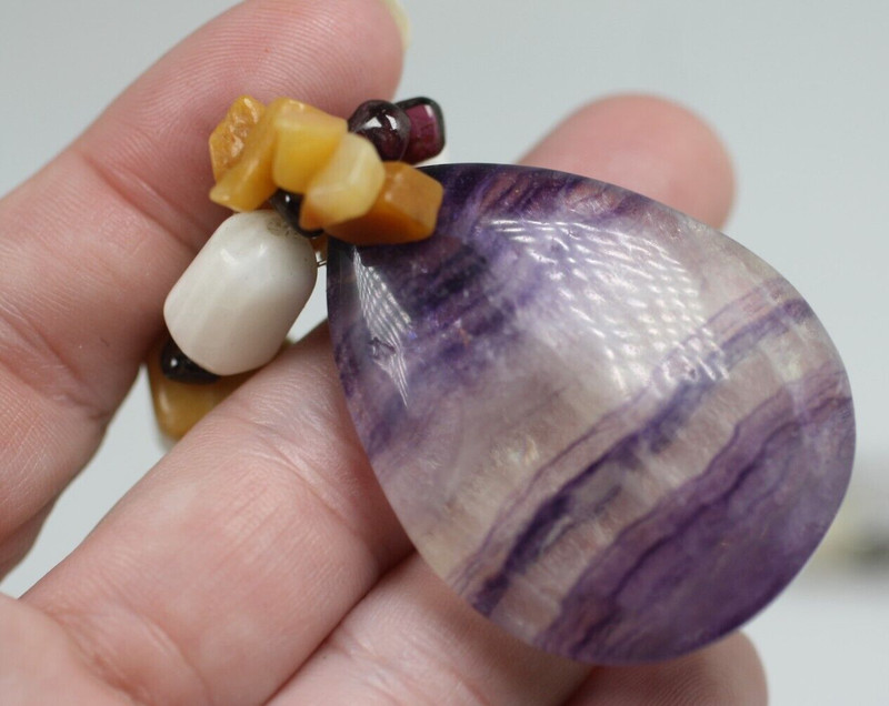 White brown tumble stones bead purple banded gemstone pendant drop necklace 18" gallery
