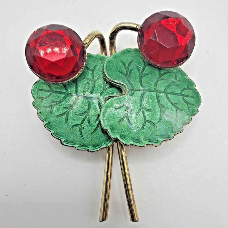 Vintage Red Cherry Brooch Red Glass Green Enamel Gold Toned