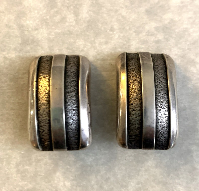 Vintage Sterling Silver Clip On Earrings Cuff Rectangle Grooved Stripe 12g!