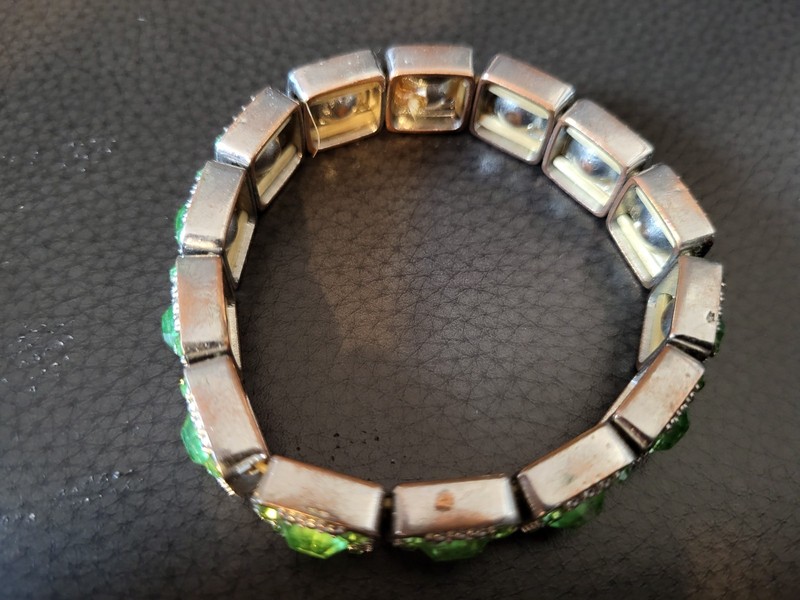Vintage Silver tone Expandable Bracelet with Green stones. gallery