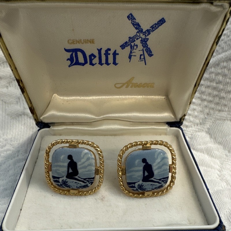 Anson Delft Vintage Porcelain Blue Square Bullet Back Cufflinks Gold Tone