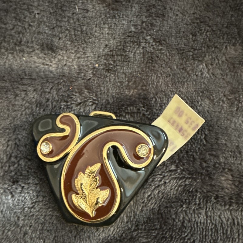 Enamel Abstract Brooch Black Brown Gold with White Round Crystal Accents